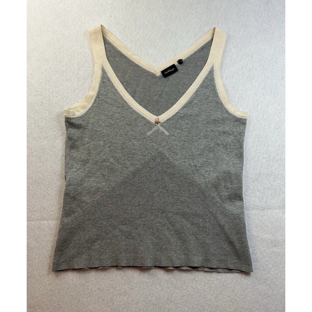 InWear Women Grey Ribbed Tank Top Size Large Floral Embroidery V-Neck Sleeveless